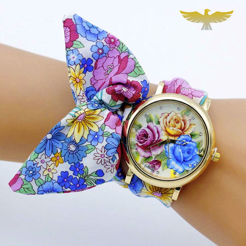 Montre foulard tissu bleu papillon