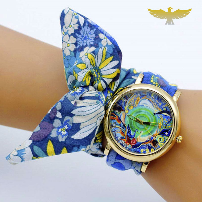 Montre foulard tissu bleu papillon