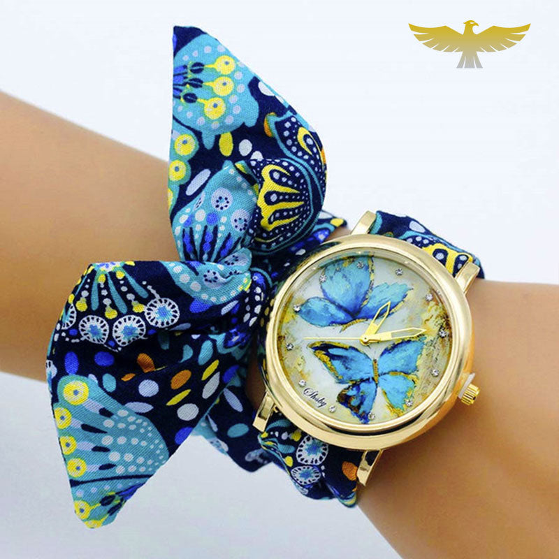 Montre foulard tissu bleu papillon