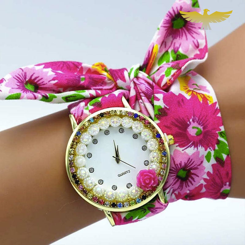 Montre foulard tissu rose