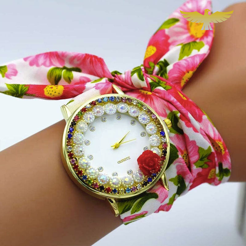 Montre foulard tissu rose