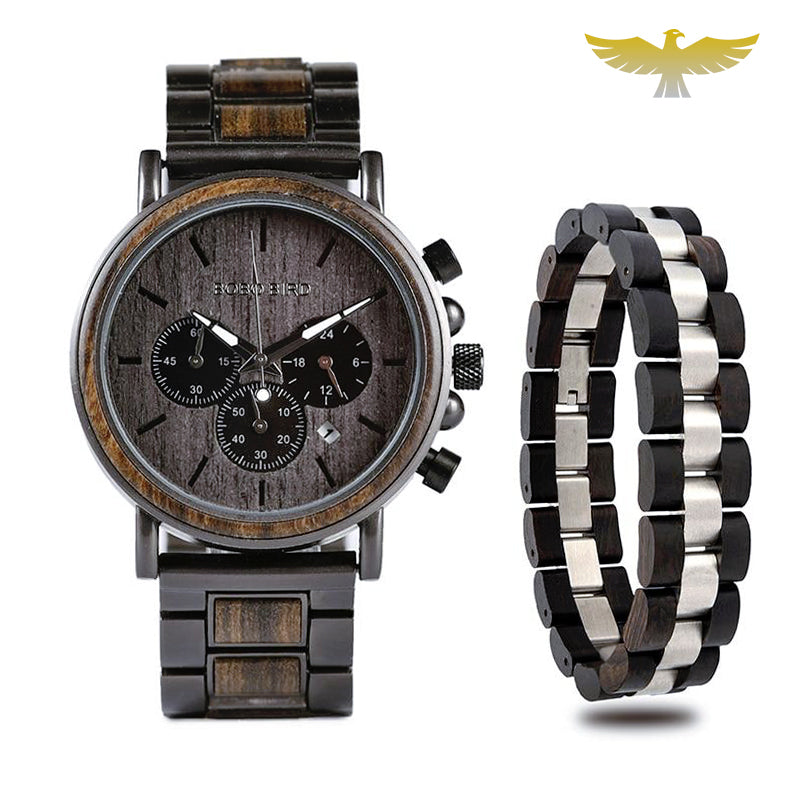 Montre en bois homme chronographe militaire et bracelet