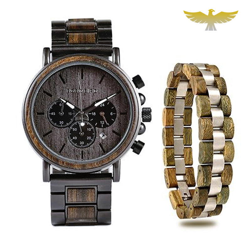 Montre en bois homme chronographe militaire et bracelet