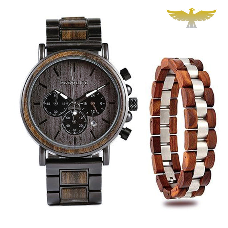 Montre en bois homme chronographe militaire et bracelet