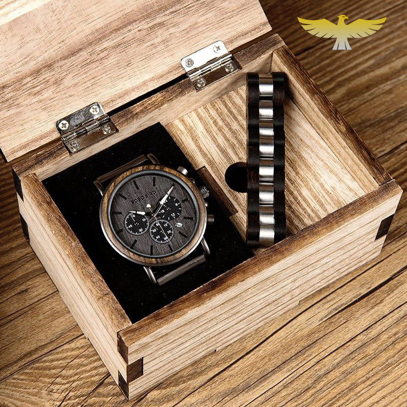 Montre en bois homme chronographe militaire et bracelet