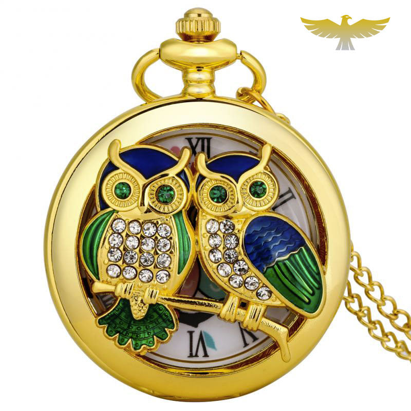 Montre de poche à quartz hibou diamants - montre-de-poche-gousset - animal, chasseur, chic, collier, full-hunter, montre gousset, or, pierres