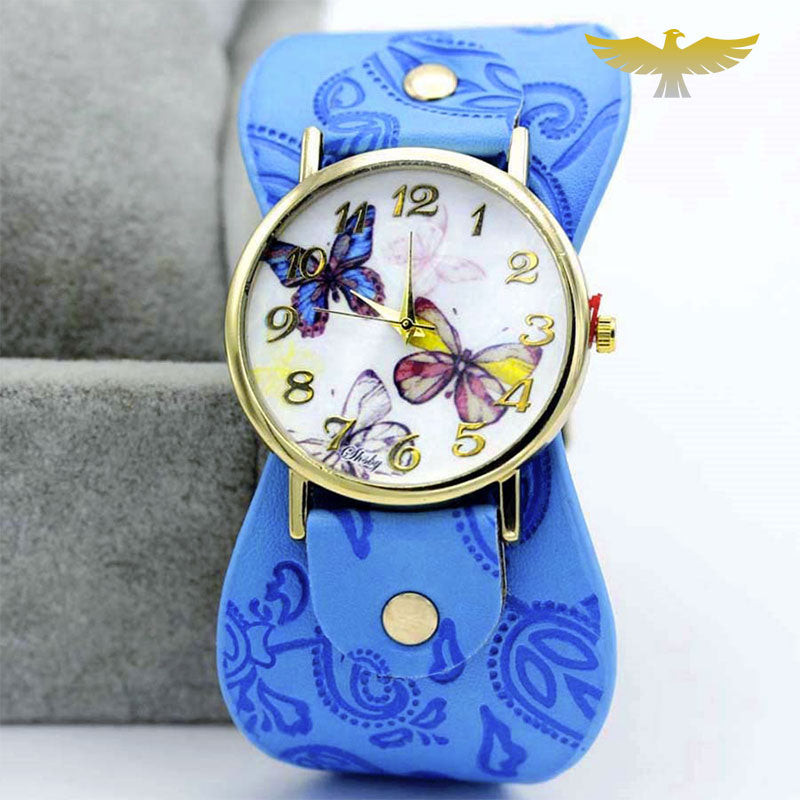 Montre bracelet foulard cuir bleu