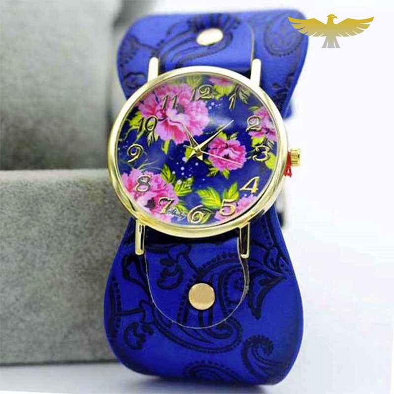 Montre bracelet foulard cuir bleu