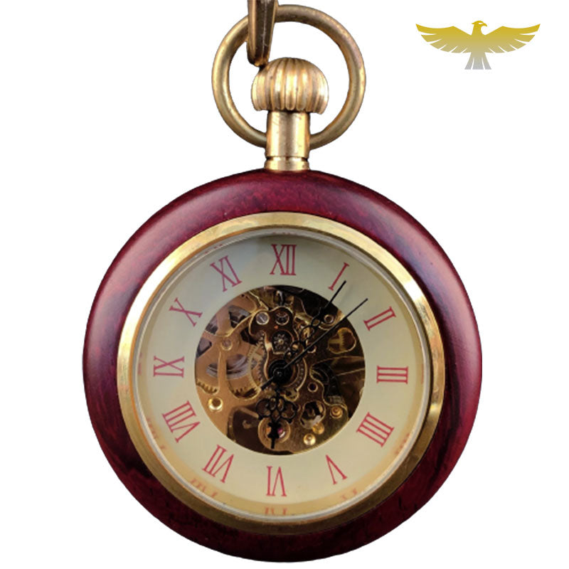 Montre à gousset mécanique en bois rouge - montre-de-poche-gousset - bois, cadran-ouvert, coffret, mecanique, moderne, montre gousset, open-face, vintage