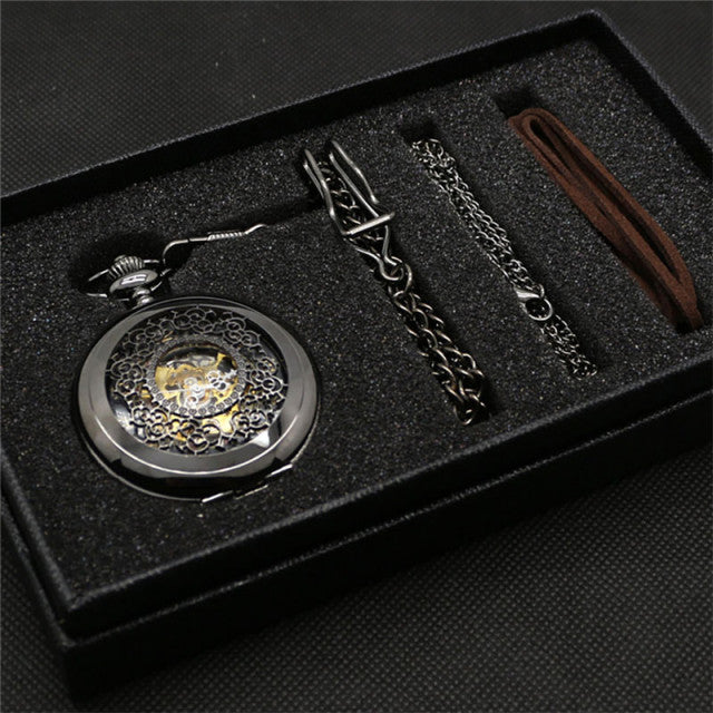 Coffret montre à gousset mouvement mécanique et chaines