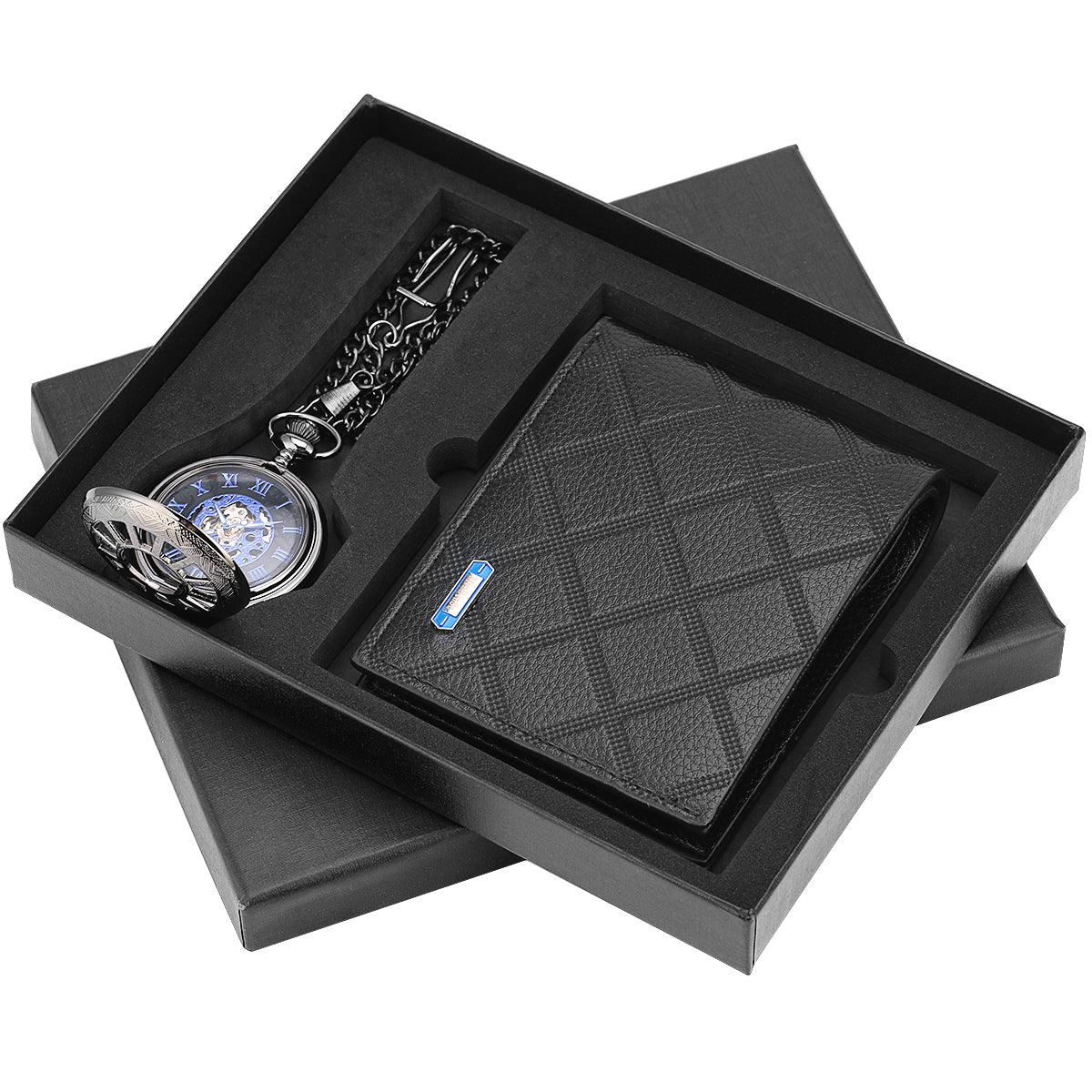 Coffret cadeau montre à gousset avec chaine et portefeuille