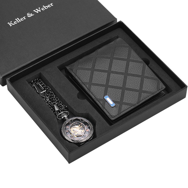 Coffret cadeau montre à gousset avec chaine et portefeuille