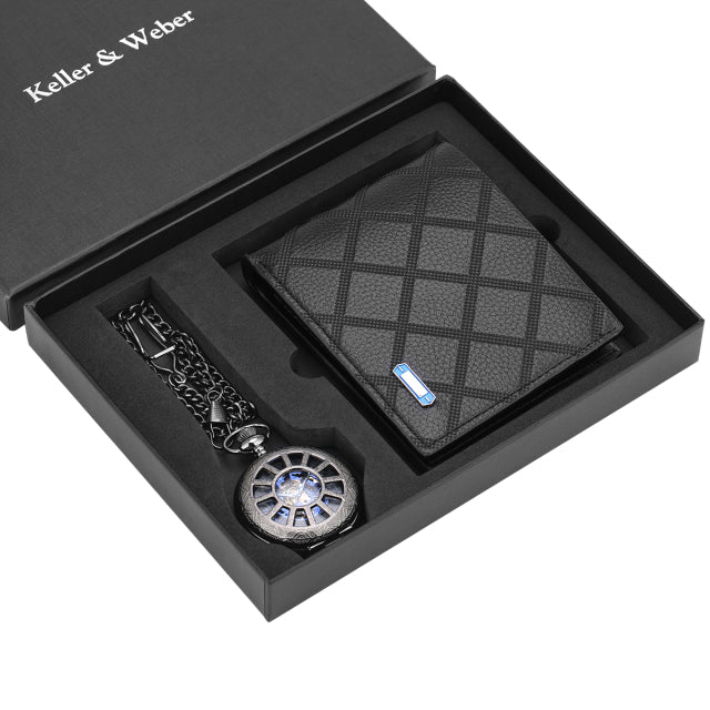 Coffret cadeau montre à gousset avec chaine et portefeuille