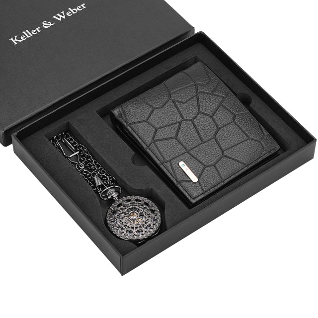 Coffret cadeau montre à gousset avec chaine et portefeuille