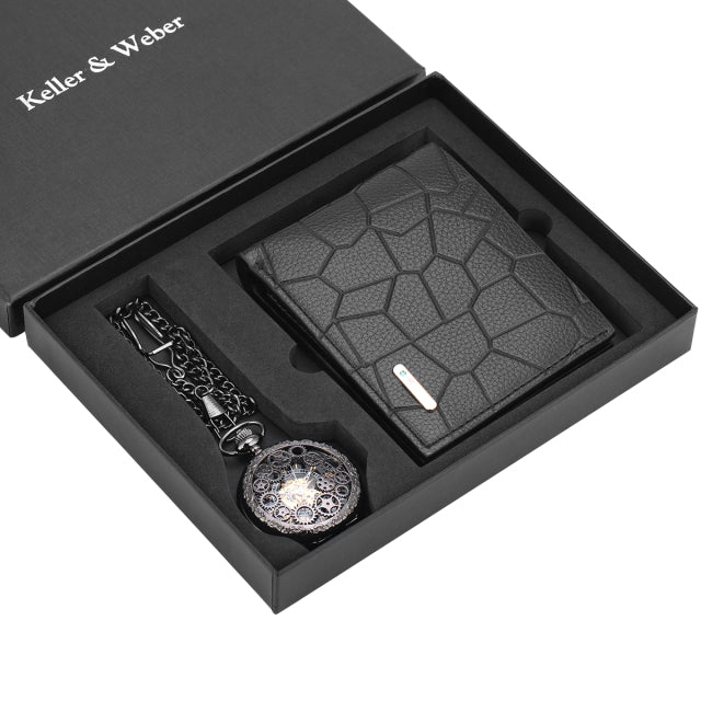 Coffret cadeau montre à gousset avec chaine et portefeuille