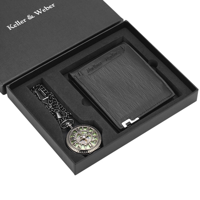 Coffret cadeau montre à gousset avec chaine et portefeuille