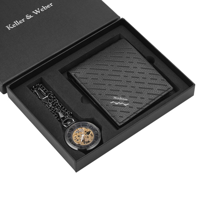 Coffret cadeau montre à gousset avec chaine et portefeuille