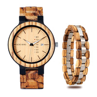 Montre en bois homme à quartz date et bracelet assorti