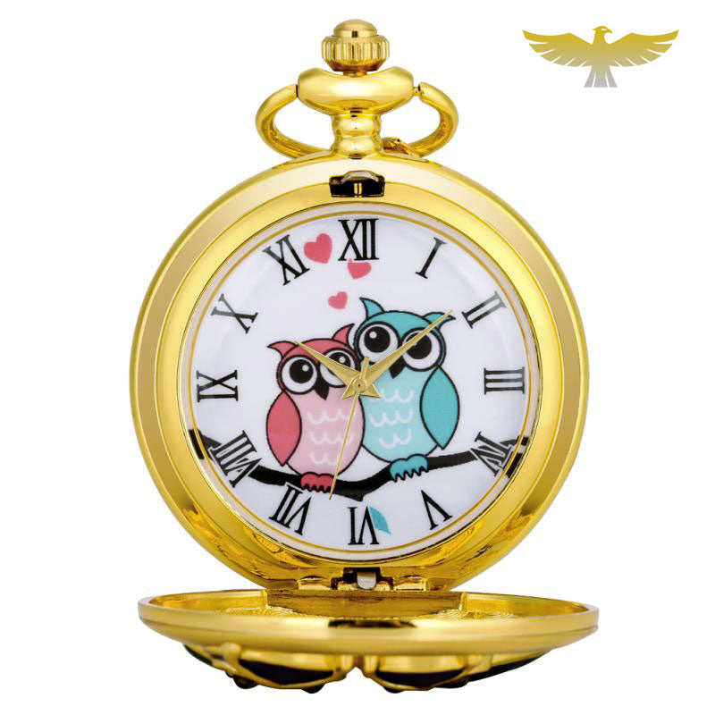 Montre de poche à quartz hibou diamants - montre-de-poche-gousset - animal, chasseur, chic, collier, full-hunter, montre gousset, or, pierres